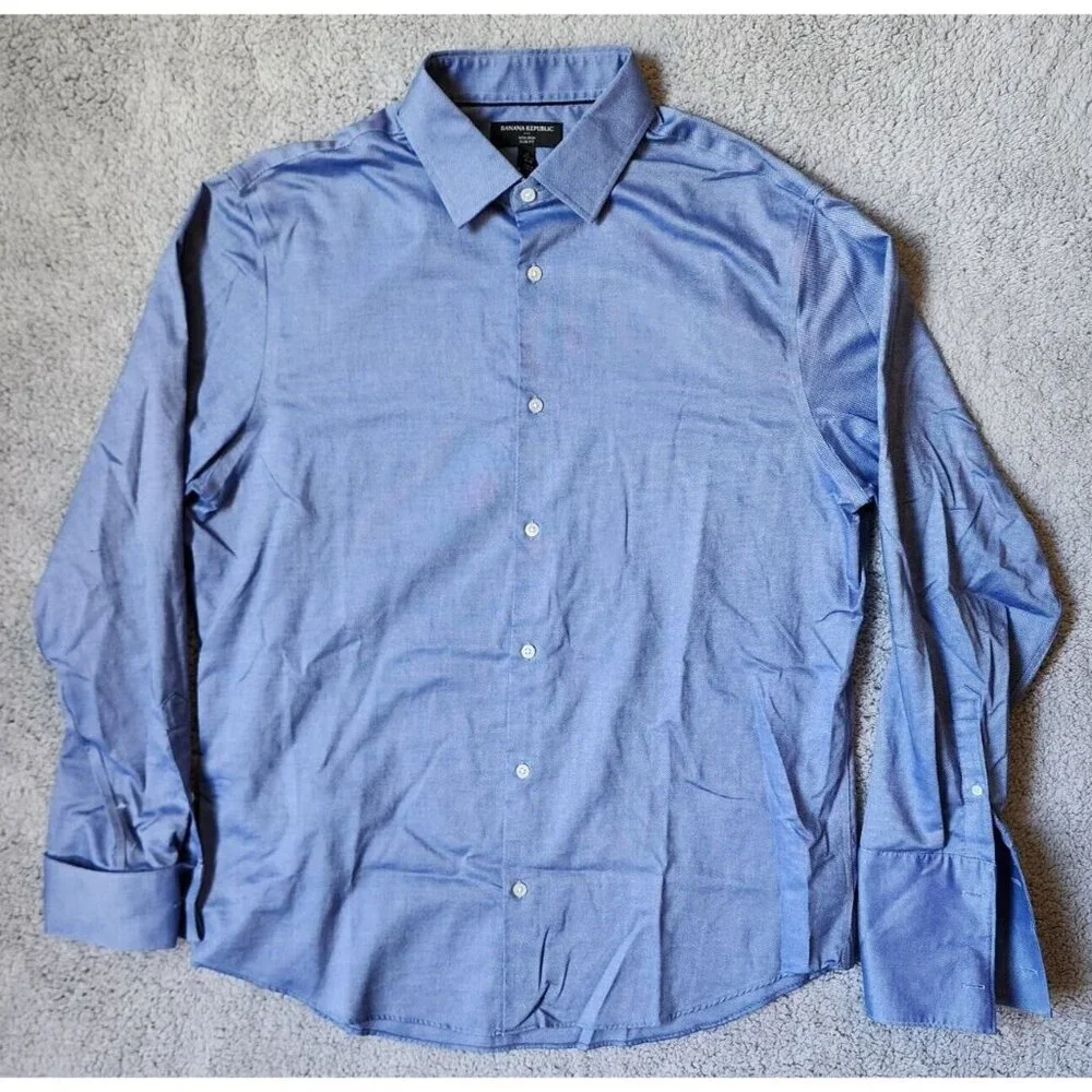 Banana Republic Non Iron Slim Fit Blue Long Sleeve‎ Button Up Shirt Size 17-17.5